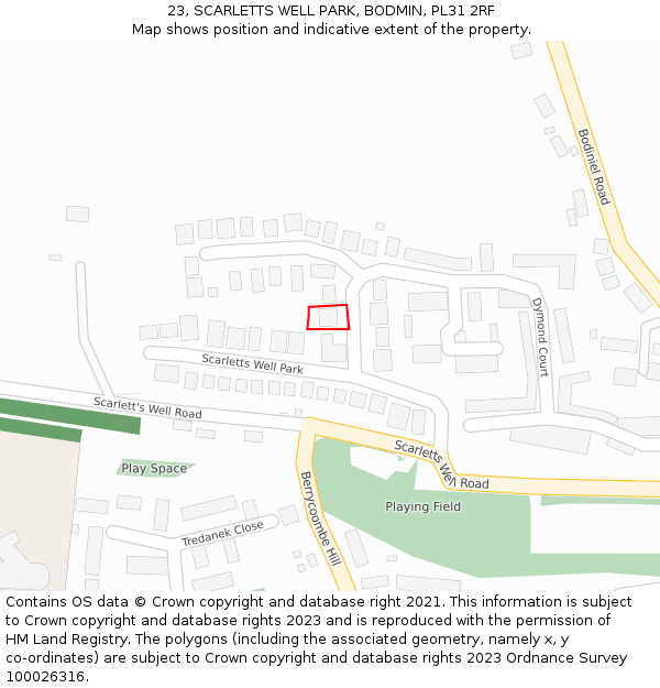 23, SCARLETTS WELL PARK, BODMIN, PL31 2RF: Location map and indicative extent of plot