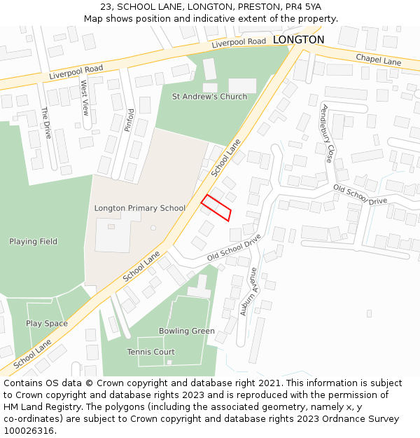 23, SCHOOL LANE, LONGTON, PRESTON, PR4 5YA: Location map and indicative extent of plot