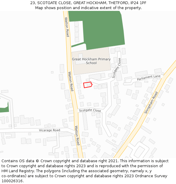 23, SCOTGATE CLOSE, GREAT HOCKHAM, THETFORD, IP24 1PF: Location map and indicative extent of plot