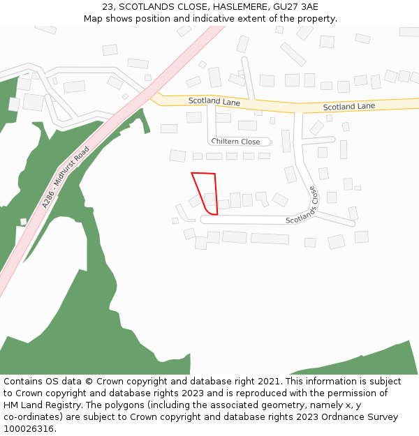 23, SCOTLANDS CLOSE, HASLEMERE, GU27 3AE: Location map and indicative extent of plot