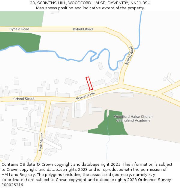 23, SCRIVENS HILL, WOODFORD HALSE, DAVENTRY, NN11 3SU: Location map and indicative extent of plot