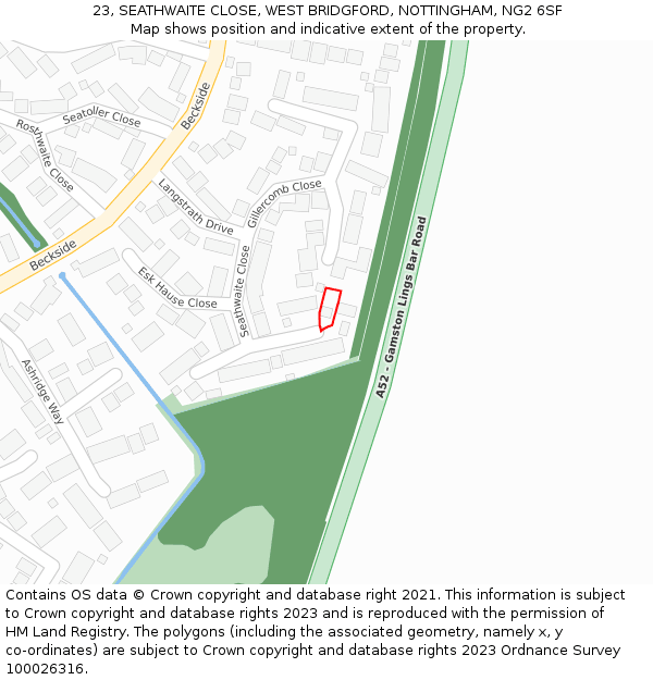 23, SEATHWAITE CLOSE, WEST BRIDGFORD, NOTTINGHAM, NG2 6SF: Location map and indicative extent of plot