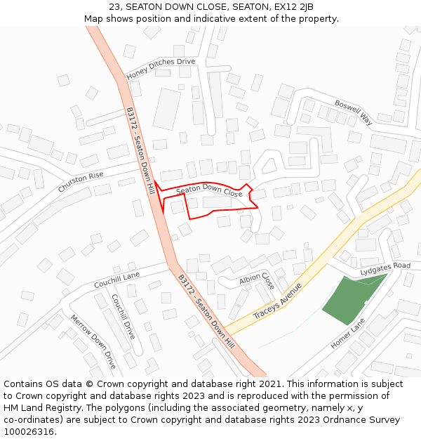 23, SEATON DOWN CLOSE, SEATON, EX12 2JB: Location map and indicative extent of plot