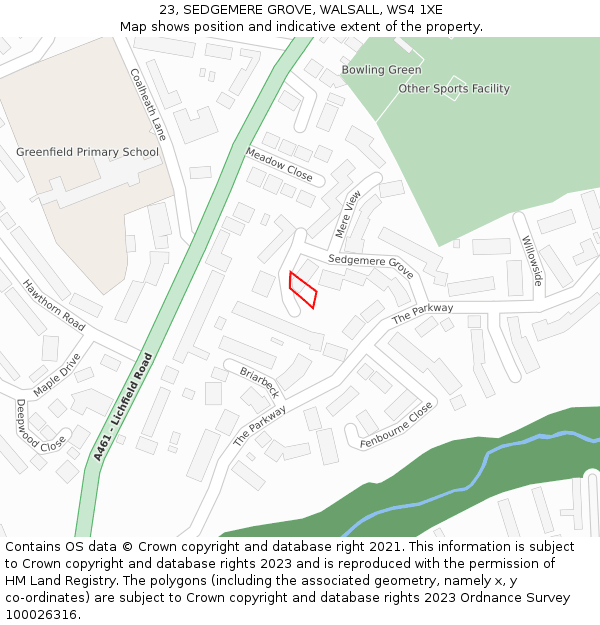 23, SEDGEMERE GROVE, WALSALL, WS4 1XE: Location map and indicative extent of plot