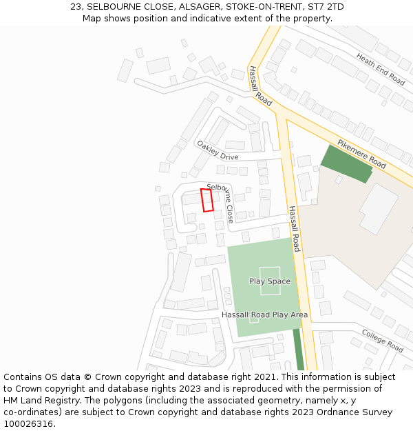 23, SELBOURNE CLOSE, ALSAGER, STOKE-ON-TRENT, ST7 2TD: Location map and indicative extent of plot