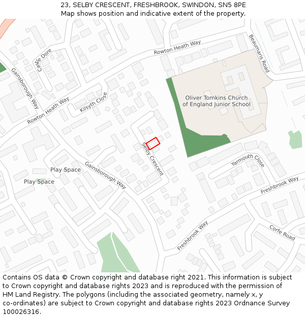 23, SELBY CRESCENT, FRESHBROOK, SWINDON, SN5 8PE: Location map and indicative extent of plot