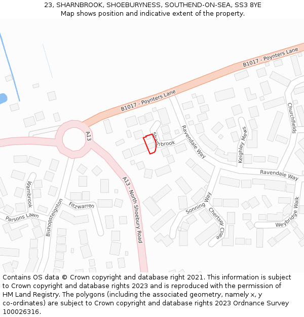 23, SHARNBROOK, SHOEBURYNESS, SOUTHEND-ON-SEA, SS3 8YE: Location map and indicative extent of plot