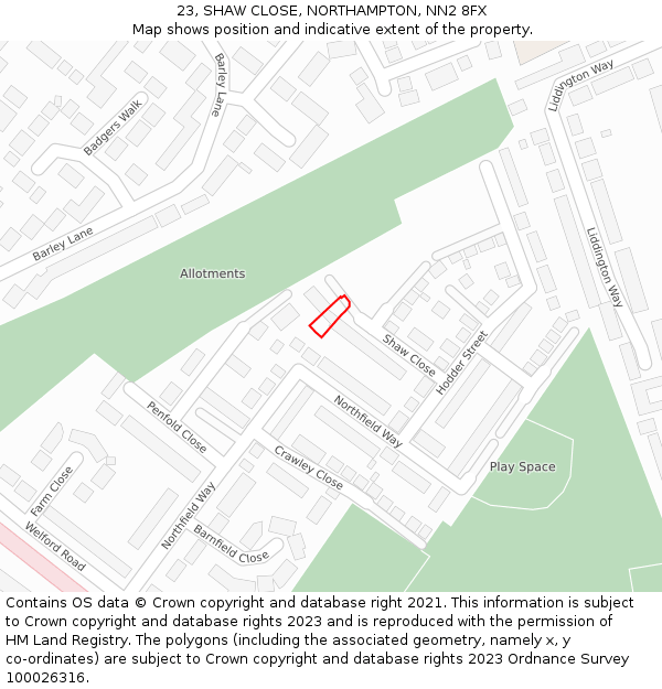 23, SHAW CLOSE, NORTHAMPTON, NN2 8FX: Location map and indicative extent of plot