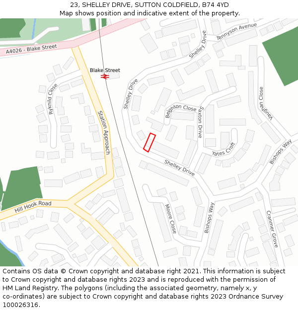 23, SHELLEY DRIVE, SUTTON COLDFIELD, B74 4YD: Location map and indicative extent of plot
