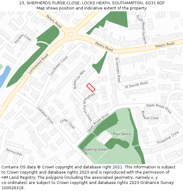 23, SHEPHERDS PURSE CLOSE, LOCKS HEATH, SOUTHAMPTON, SO31 6DF: Location map and indicative extent of plot