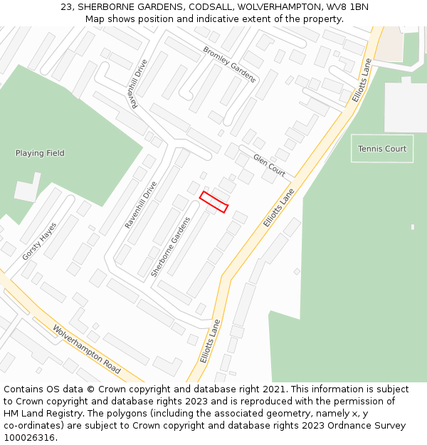 23, SHERBORNE GARDENS, CODSALL, WOLVERHAMPTON, WV8 1BN: Location map and indicative extent of plot