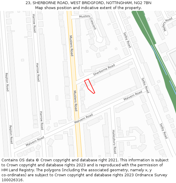 23, SHERBORNE ROAD, WEST BRIDGFORD, NOTTINGHAM, NG2 7BN: Location map and indicative extent of plot