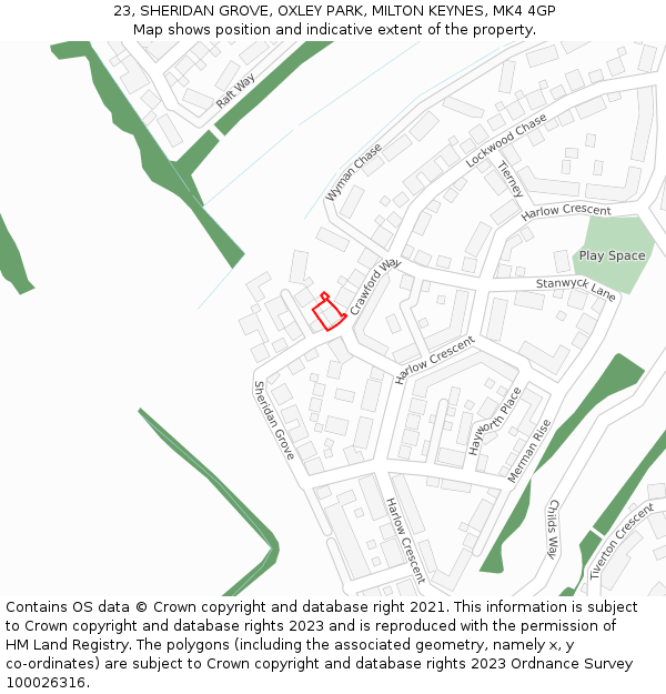 23, SHERIDAN GROVE, OXLEY PARK, MILTON KEYNES, MK4 4GP: Location map and indicative extent of plot