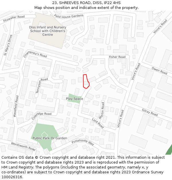 23, SHREEVES ROAD, DISS, IP22 4HS: Location map and indicative extent of plot