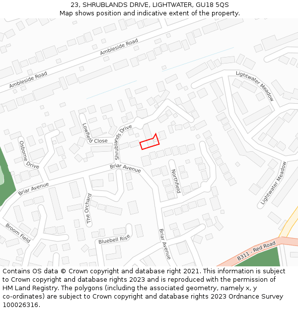 23, SHRUBLANDS DRIVE, LIGHTWATER, GU18 5QS: Location map and indicative extent of plot