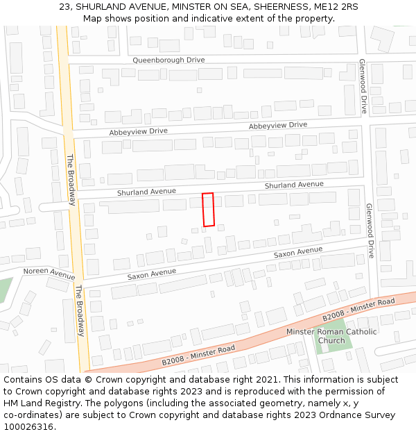 23, SHURLAND AVENUE, MINSTER ON SEA, SHEERNESS, ME12 2RS: Location map and indicative extent of plot