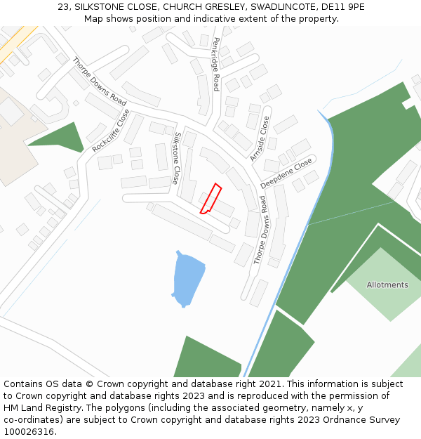 23, SILKSTONE CLOSE, CHURCH GRESLEY, SWADLINCOTE, DE11 9PE: Location map and indicative extent of plot