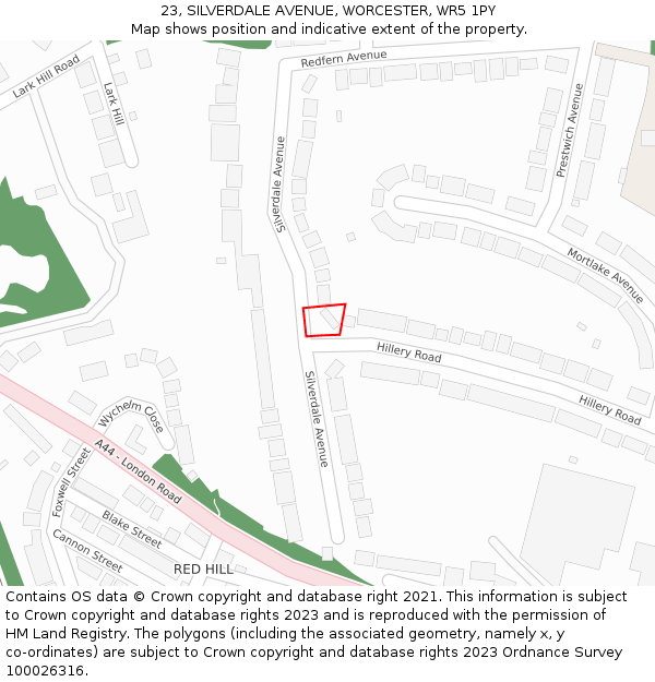 23, SILVERDALE AVENUE, WORCESTER, WR5 1PY: Location map and indicative extent of plot