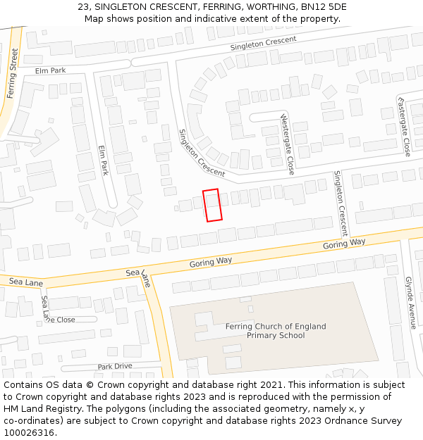 23, SINGLETON CRESCENT, FERRING, WORTHING, BN12 5DE: Location map and indicative extent of plot