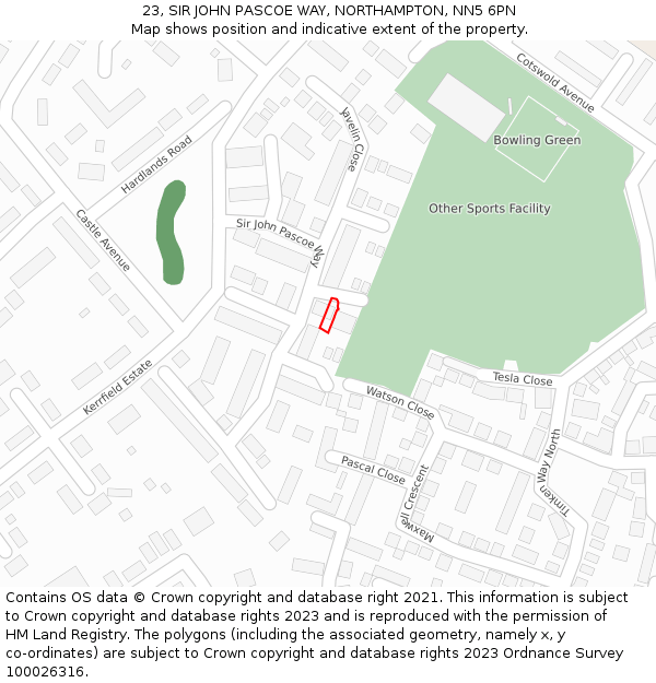 23, SIR JOHN PASCOE WAY, NORTHAMPTON, NN5 6PN: Location map and indicative extent of plot