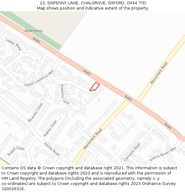 23, SIXPENNY LANE, CHALGROVE, OXFORD, OX44 7YD: Location map and indicative extent of plot