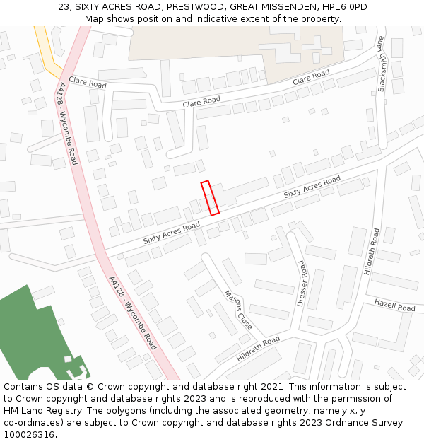 23, SIXTY ACRES ROAD, PRESTWOOD, GREAT MISSENDEN, HP16 0PD: Location map and indicative extent of plot