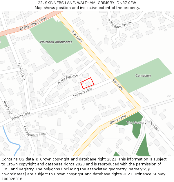 23, SKINNERS LANE, WALTHAM, GRIMSBY, DN37 0EW: Location map and indicative extent of plot