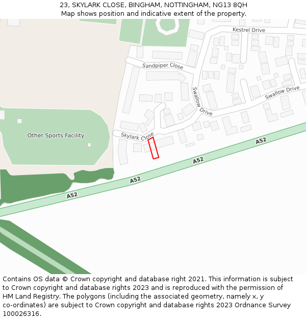 23, SKYLARK CLOSE, BINGHAM, NOTTINGHAM, NG13 8QH: Location map and indicative extent of plot