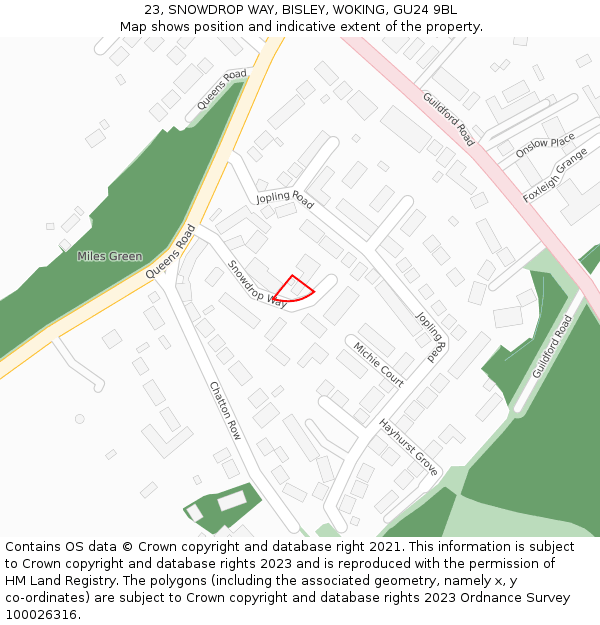 23, SNOWDROP WAY, BISLEY, WOKING, GU24 9BL: Location map and indicative extent of plot