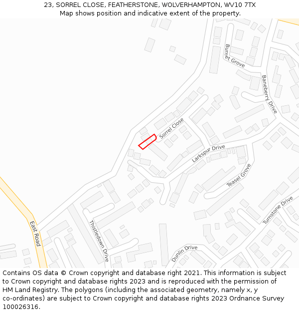 23, SORREL CLOSE, FEATHERSTONE, WOLVERHAMPTON, WV10 7TX: Location map and indicative extent of plot
