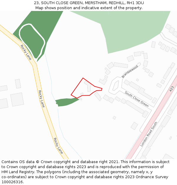 23, SOUTH CLOSE GREEN, MERSTHAM, REDHILL, RH1 3DU: Location map and indicative extent of plot