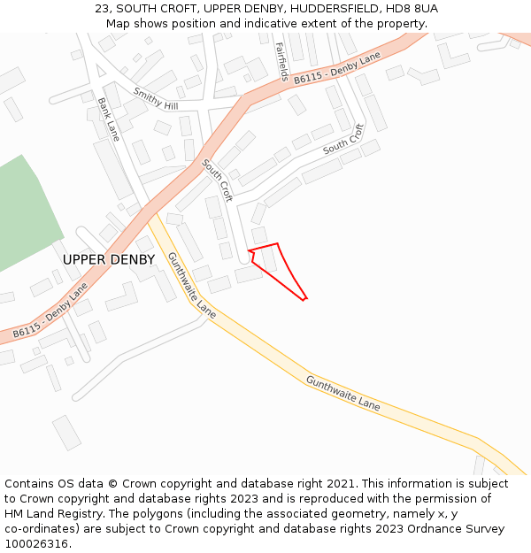 23, SOUTH CROFT, UPPER DENBY, HUDDERSFIELD, HD8 8UA: Location map and indicative extent of plot