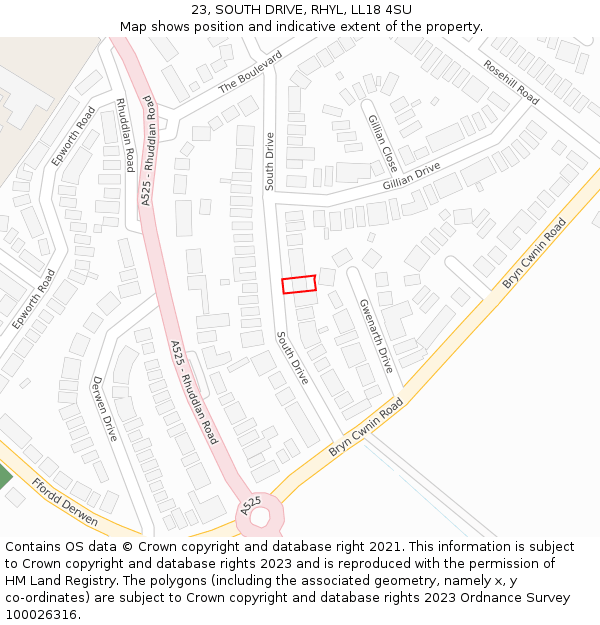 23, SOUTH DRIVE, RHYL, LL18 4SU: Location map and indicative extent of plot