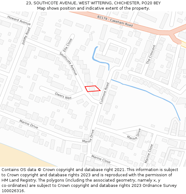23, SOUTHCOTE AVENUE, WEST WITTERING, CHICHESTER, PO20 8EY: Location map and indicative extent of plot