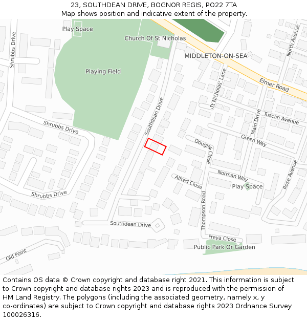 23, SOUTHDEAN DRIVE, BOGNOR REGIS, PO22 7TA: Location map and indicative extent of plot