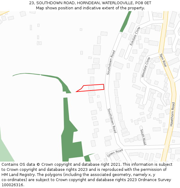 23, SOUTHDOWN ROAD, HORNDEAN, WATERLOOVILLE, PO8 0ET: Location map and indicative extent of plot