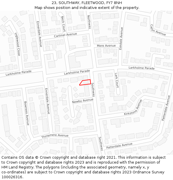 23, SOUTHWAY, FLEETWOOD, FY7 8NH: Location map and indicative extent of plot