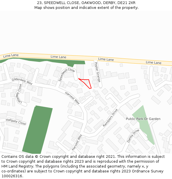 23, SPEEDWELL CLOSE, OAKWOOD, DERBY, DE21 2XR: Location map and indicative extent of plot