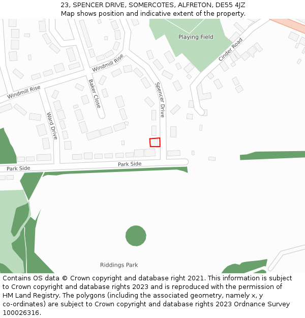 23, SPENCER DRIVE, SOMERCOTES, ALFRETON, DE55 4JZ: Location map and indicative extent of plot