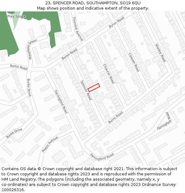 23, SPENCER ROAD, SOUTHAMPTON, SO19 6QU: Location map and indicative extent of plot