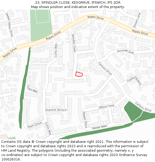 23, SPINDLER CLOSE, KESGRAVE, IPSWICH, IP5 2DA: Location map and indicative extent of plot