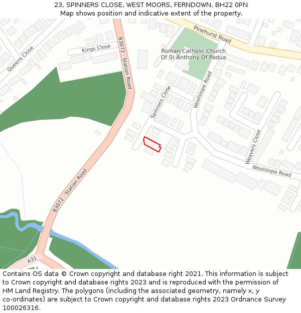 23, SPINNERS CLOSE, WEST MOORS, FERNDOWN, BH22 0PN: Location map and indicative extent of plot