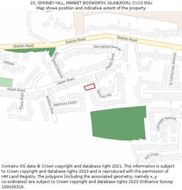 23, SPINNEY HILL, MARKET BOSWORTH, NUNEATON, CV13 0NU: Location map and indicative extent of plot