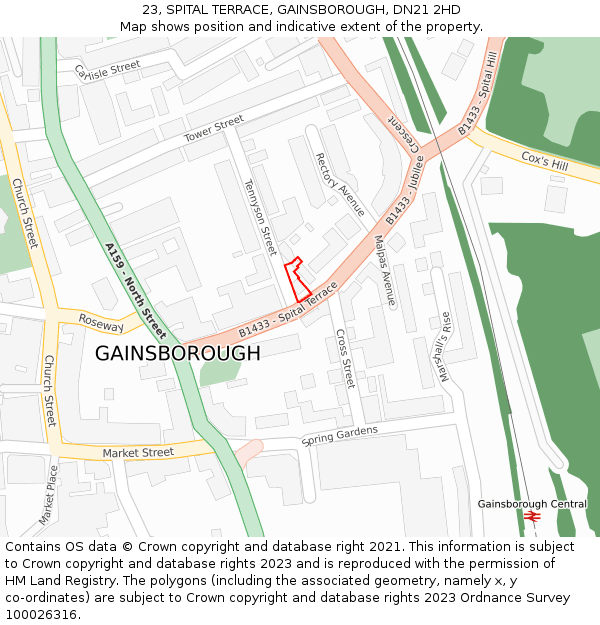 23, SPITAL TERRACE, GAINSBOROUGH, DN21 2HD: Location map and indicative extent of plot