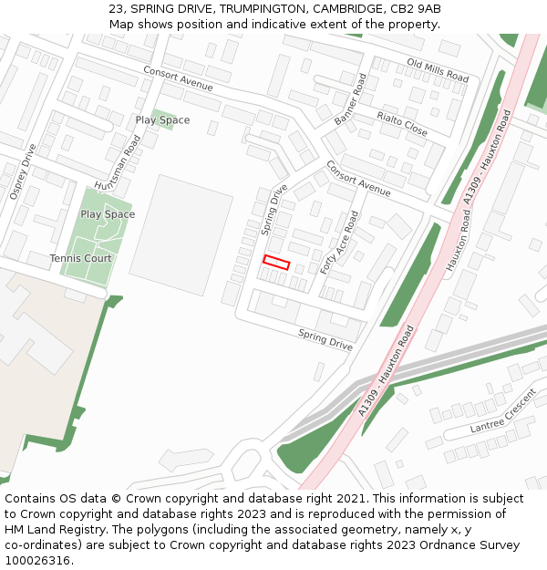 23, SPRING DRIVE, TRUMPINGTON, CAMBRIDGE, CB2 9AB: Location map and indicative extent of plot