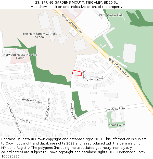 23, SPRING GARDENS MOUNT, KEIGHLEY, BD20 6LJ: Location map and indicative extent of plot