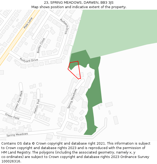 23, SPRING MEADOWS, DARWEN, BB3 3JS: Location map and indicative extent of plot