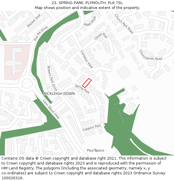 23, SPRING PARK, PLYMOUTH, PL6 7SL: Location map and indicative extent of plot