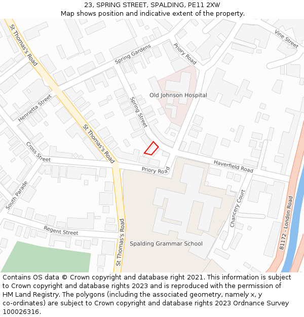 23, SPRING STREET, SPALDING, PE11 2XW: Location map and indicative extent of plot