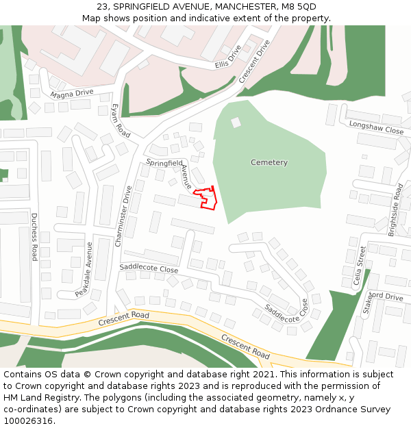 23, SPRINGFIELD AVENUE, MANCHESTER, M8 5QD: Location map and indicative extent of plot